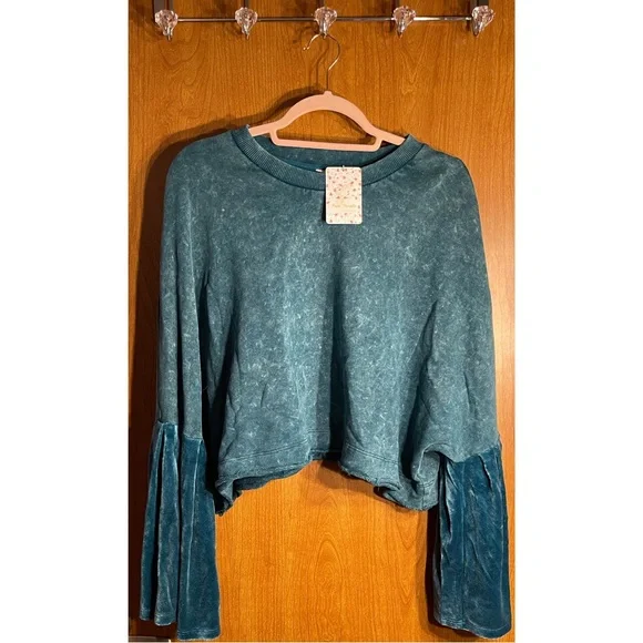 Free People Sleeves Glorious Sleeves Pullover Teal Velvet Sleeve Sweater NWT XS - Picture 6 of 14